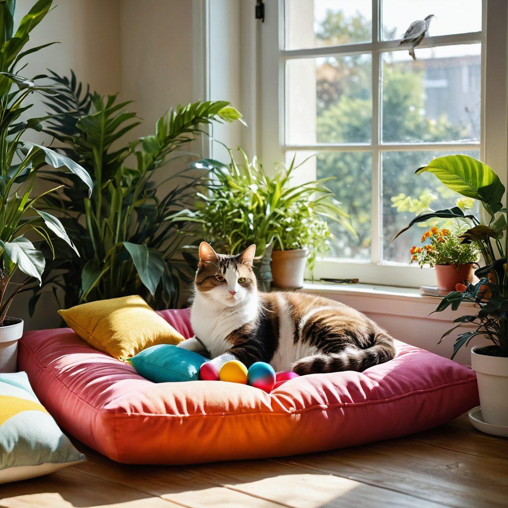 A cheerful cat playing with colorful toys in a sunlit room filled with plants and cozy cushions. Incorporate playful details like a scratching post and a window with bird feeders outside, radiating joy and comfort. Surround the scene with vibrant colors and soft textures to enhance the feeling of happiness and warmth. super-realistic. vibrant colors. cozy atmosphere.