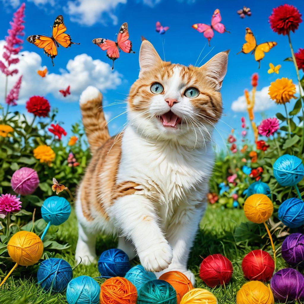 A whimsical scene depicting a playful cat frolicking in a sunny garden, surrounded by colorful toys like yarn balls and feather wands. Capture the joy on the cat's face as it chases butterflies, with flowers blooming around it. Include a dreamy blue sky with fluffy white clouds to enhance the feeling of happiness and freedom. Ensure a vibrant color palette that radiates warmth and cheerfulness. illustration, vibrant colors.