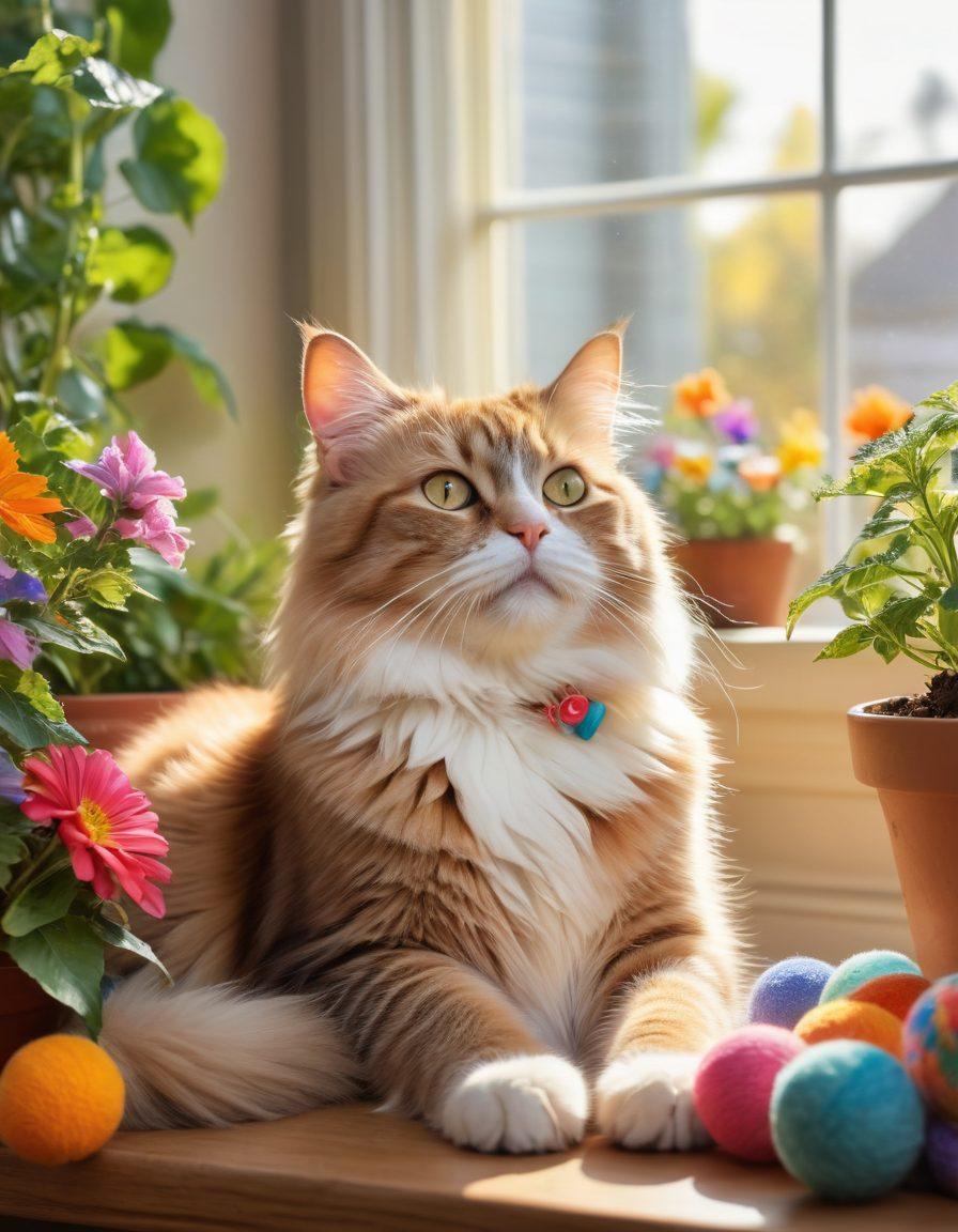 A playful, fluffy cat lounging in a sunbeam, surrounded by colorful toys, potted catnip plants, and vibrant flowers. In the background, a cozy window view shows birds singing, adding to the cheerful atmosphere. The cat has a blissful expression, embodying joy and contentment. pastel colors. super-realistic. warm lighting.
